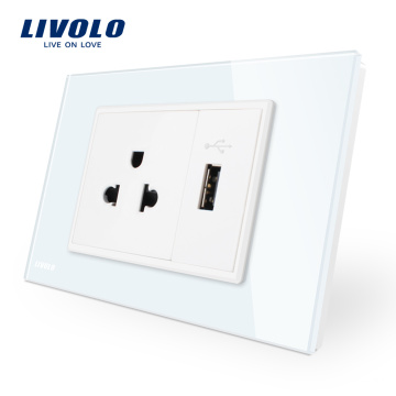 Livolo Vidro Temperado Branco / Painel de Vidro Preto EUA Soquete de Energia com Carregador USB VL-C9C1US1U-11/12